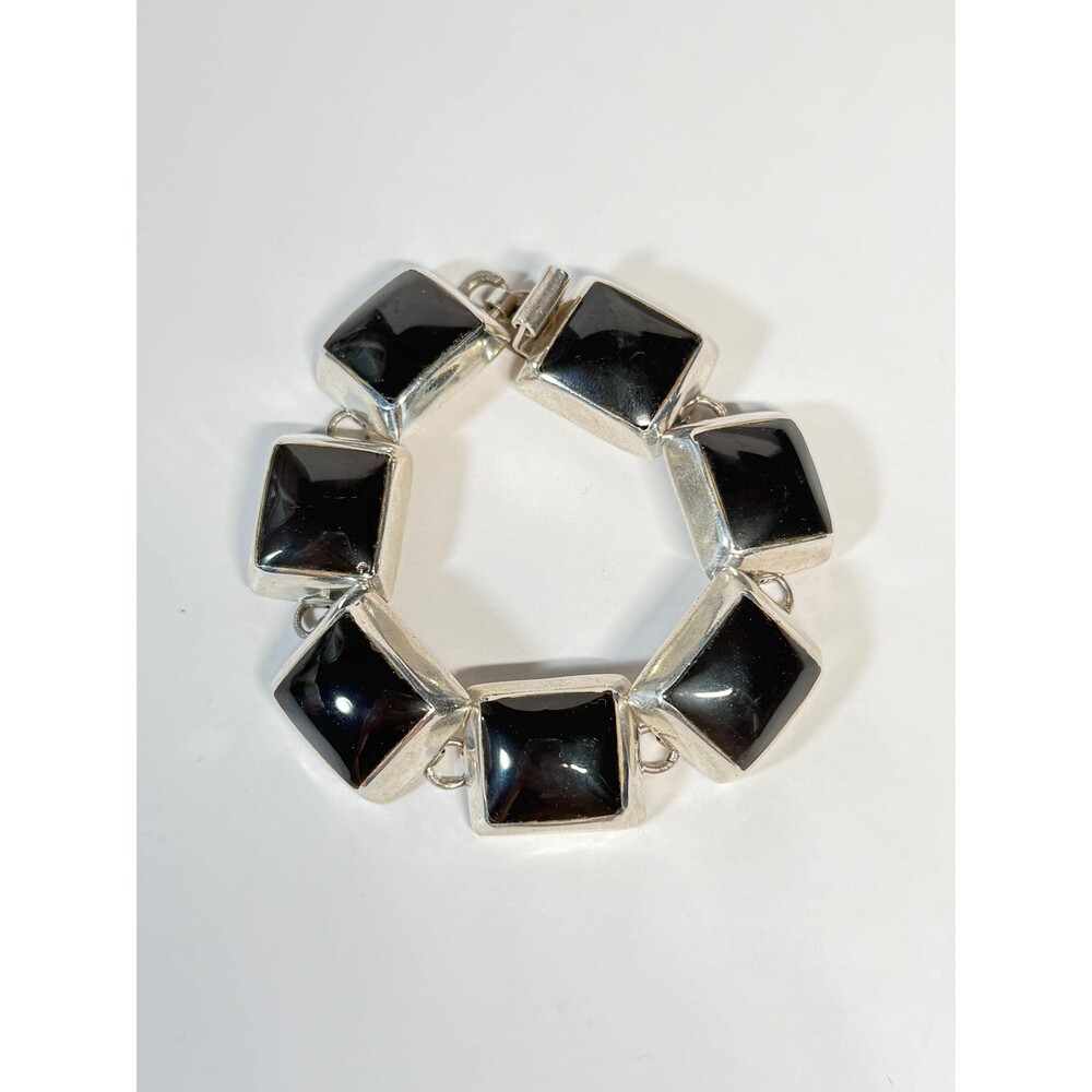 Vintage Taxco Mexico 925 Sterling Silver Onyx Link Bracelet TC-11 7"